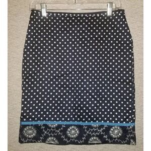 Ann Taylor Pencil Skirt 4P Petite Blue Black Polka Dot Embroidery Ribbon NWOT